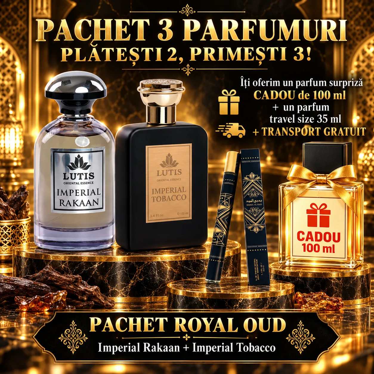 Pachet Parfum Arabesc El si Ea - Imperial Rakaan + Imperial Tobacco + 1 x Parfum Cadou 100ml + 1 x 35 ML