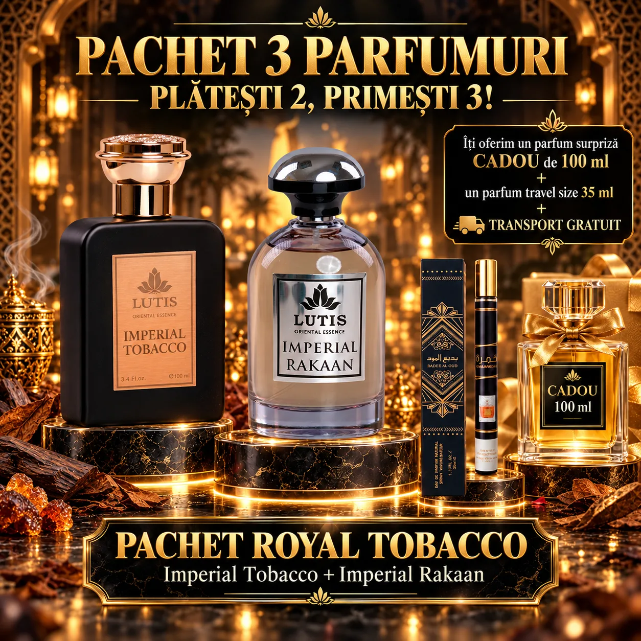 Pachet Parfum Arabesc El si Ea - Imperial Tobacco + Imperial Rakaan  + 1 x Parfum Cadou 100ml + 1 x 35 ML